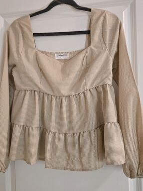 Calypso Cream Gingham Tiered Long-Sleeve Peasant Top